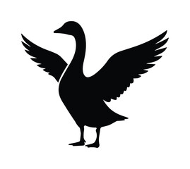 Fototapeta premium Minimalist goose silhouette vector, black swan or gander icon with spread wings, elegant waterfowl bird profile for farm logo and nature branding