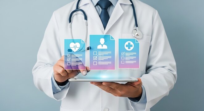 Doctor in white coat holding tablet with digital patient records hologram