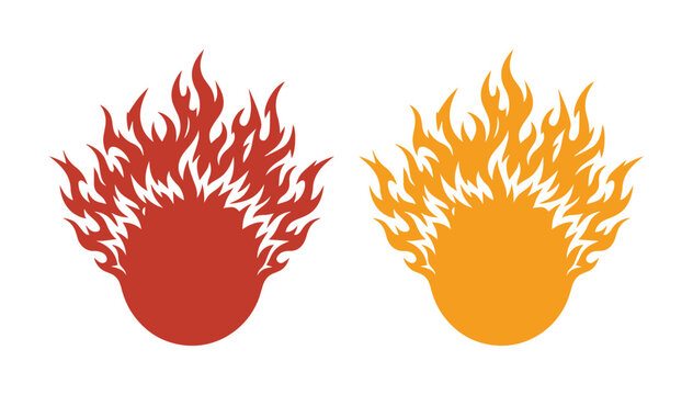 Stylized fireball vector icons, red and orange flaming sun symbols, decorative fire element set for logo design and graphic branding