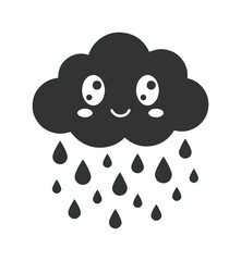 Fototapeta premium Kawaii cloud with rain drops vector, cute smiling rainy cloud character, black and white weather icon for nursery decor and children design
