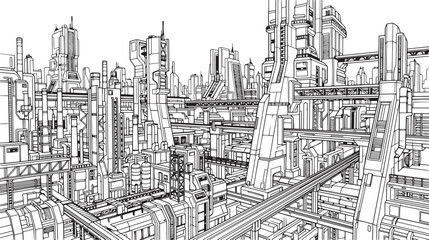 Fototapeta premium City landscape. Different buildings on street, outline cityscape hand sketch, flat houses. Hand drawn vector illustration