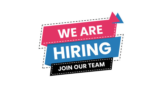 Creative recruitment announcement banner with pink and blue ribbon layers and join our team message on background.