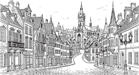Fototapeta premium City landscape. Different buildings on street, outline cityscape hand sketch, flat houses. Hand drawn vector illustration