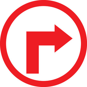 Red turn right arrow sign icon in circle isolated on white background.Directional arrow pointing right symbol for traffic and wayfinding.Turn right indicator sticker for navigation and road safety sig