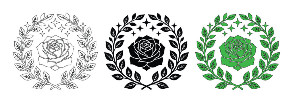 Elegant rose laurel wreath set, floral heraldic crest with stars and leaves, 3 vector icons in black line and green color styles for luxury branding