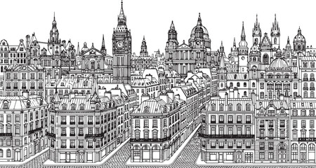 Fototapeta premium City landscape. Different buildings on street, outline cityscape hand sketch, flat houses. Hand drawn vector illustration