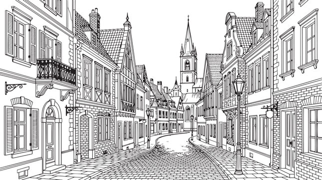 City landscape. Different buildings on street, outline cityscape hand sketch, flat houses. Hand drawn vector illustration