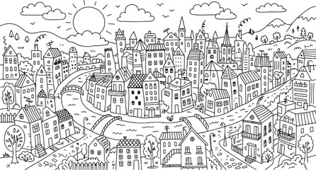 Fototapeta premium City landscape. Different buildings on street, outline cityscape hand sketch, flat houses. Hand drawn vector illustration