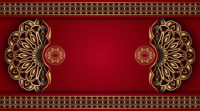 Red luxury background, ornamental mandala with gold border frame