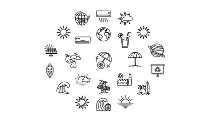 Modern Sun and Summer Outline Icons Radial Layout with Energy Climate and Tropical Symbols Vector © BijoyChandra