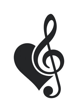 Musical treble clef with heart silhouette vector, black music note icon for love and passion, elegant melodic symbol for creative branding