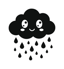 Obraz premium Kawaii rain cloud vector illustration, cute smiling storm cloud with raindrops, black and white nursery character for kids decor and stickers