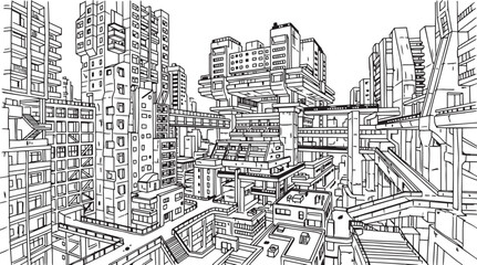 Fototapeta premium City landscape. Different buildings on street, outline cityscape hand sketch, flat houses. Hand drawn vector illustration
