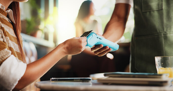 Hands, credit card and waiter with machine at cafe, order or sale with customer experience at diner. People, server and tap with easy payment in coffee shop, fintech and pos with bills at restaurant