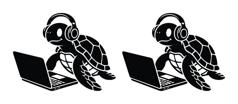 Cute turtle wearing headphones using laptop vector, funny tortoise gamer character silhouette, black and white animal mascot working on computer