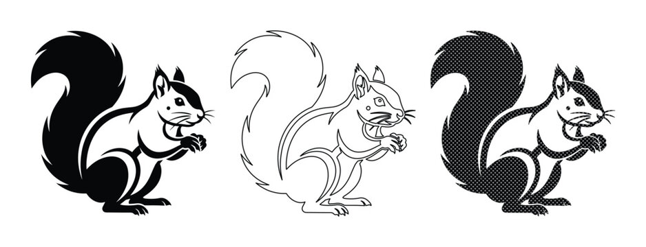 Minimalist squirrel vector icons set, black and white forest animal silhouettes, stylized chipmunk line art illustrations for nature branding