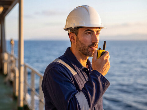 Focused marine engineer in a hard hat and blue uniform communicating with a walkie-talkie on an offshore vessel.