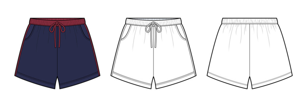 Men&rsquo;s Drawstring Lounge Shorts Technical Fashion Illustration. Women Relaxed Fit Shorts Vector Template. Front Back View. Elastic Waist Casual Sleepwear Homewear Apparel CAD Mockup Set