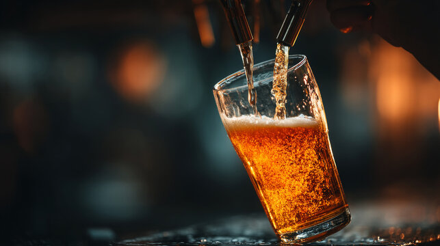 Close-up of fresh golden draft beer pouring into a pint glass at a bar with craft beer