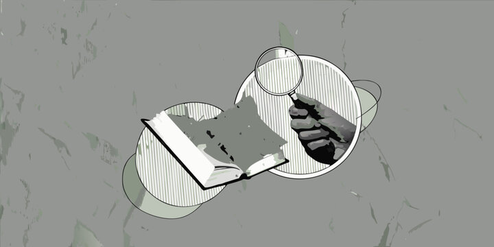 Abstract composition featuring an open book magnifying glass and shapes