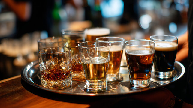 Waiter holding silver serving tray with assortment of beer and spirit glasses, beverage