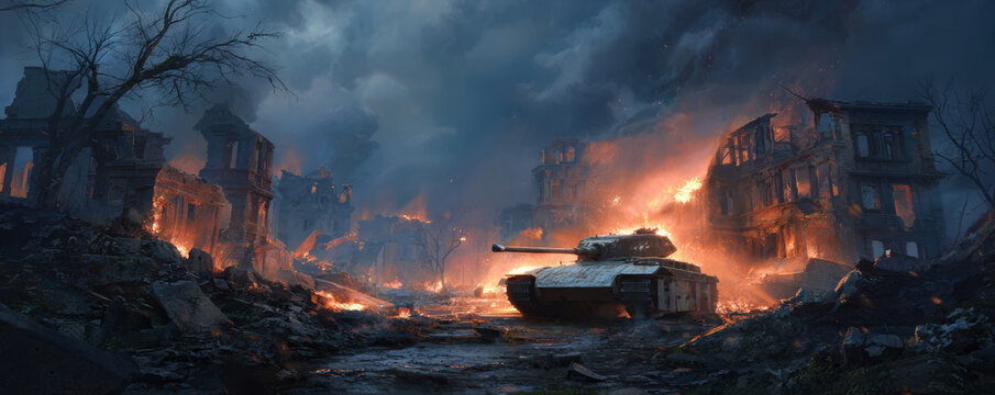 War tank battle destruction fire ruin smoke city night conflict armor soldier combat warfare explosion burning rubble debris apocalypse dramatic