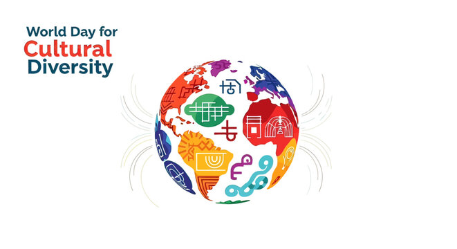 Globe with cultural symbols and icons.