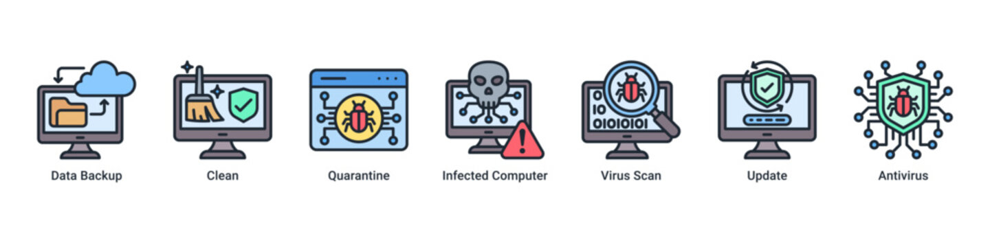 Data Recovery web banner icon vector illustration with icons of Data Backup,Clean,Quarantine,Infected Computer,Virus Scan,Update and Antivirus