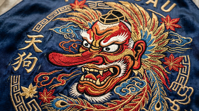 Intricate tengu mask embroidery featuring vibrant red and golden thread work stitched onto a premium dark blue velvet fabric textile material