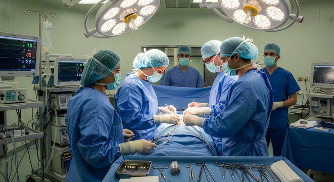 Surgical team performing operation in modern hospital operating room