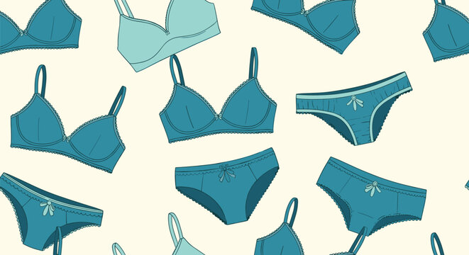 Seamless pattern featuring various styles of blue bras and matching panties on a light cream background for lingerie design projects.