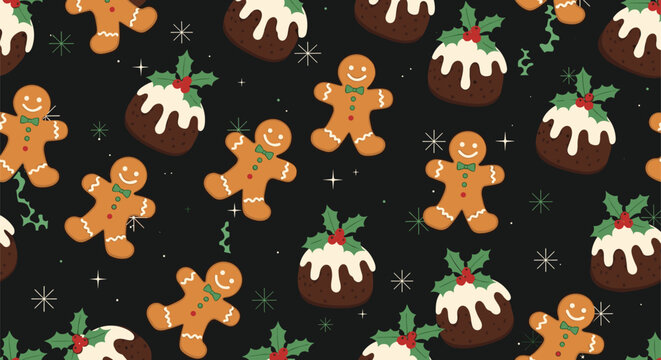 Festive Christmas seamless pattern featuring smiling gingerbread men and holiday puddings with holly berries on a dark black background.