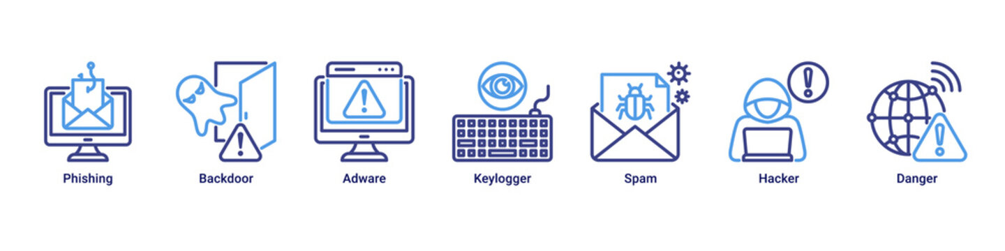 Attack Prevention web banner icon vector illustration with icons of Phishing,Backdoor,Adware,Keylogger,Spam,Hacker and Danger