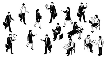 Fototapeta premium isometric business people in black and white some working on laptops and others walking with briefcases