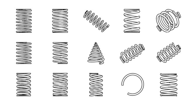 various mechanical spring coil types and industrial metal springs isolated vector line art on white showcasing engineering elasticity and design.