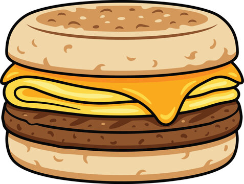 A delicious breakfast sandwich vector illustration featuring a fluffy english muffin with melted cheddar cheese and a savory sausage patty