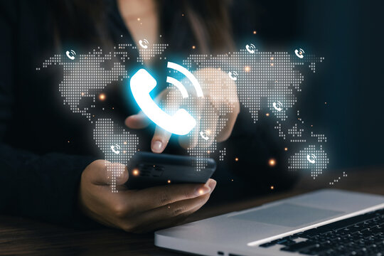 Global communication concept with smartphone and world map connection. Voice call technology, digital network, international communication, telecommunication and mobile connectivity.