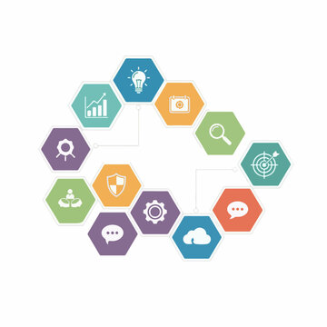 Colorful hexagonal infographic elements showcasing business development steps for project management planning and strategic growth within a professional corporate network display