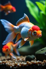 Fototapeta premium Ornate goldfish among colorful tropical fish in planted tank, fishkeeping, aquascape