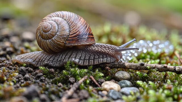 Closeup Macro Shot of a Snail Crawling on Mossy Ground.