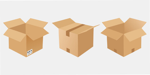 Fototapeta premium Three open cardboard boxes in varying perspectives displaying interior space