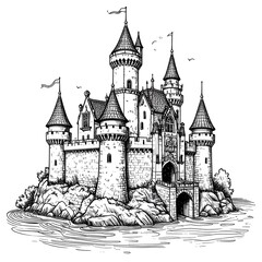 Fototapeta premium Ink drawing of a majestic castle on a rocky island with towers and flags
