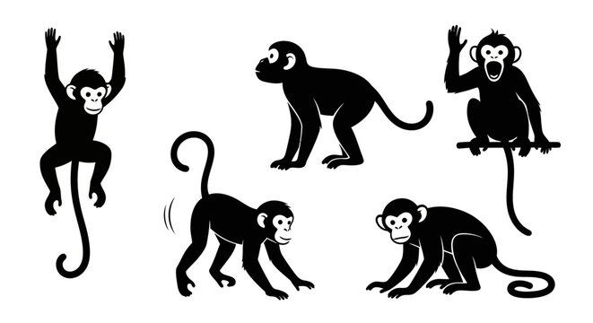 Set of Cute Monkey Silhouettes in Various Poses