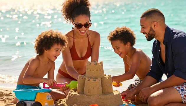 Happy family with two children playing on a sunny beach. Mother, father, and sons building a sandcastle together during summer vacation