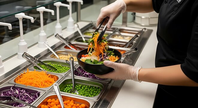 Cafeteria worker serving fresh vegetable salad from stainless steel food bar