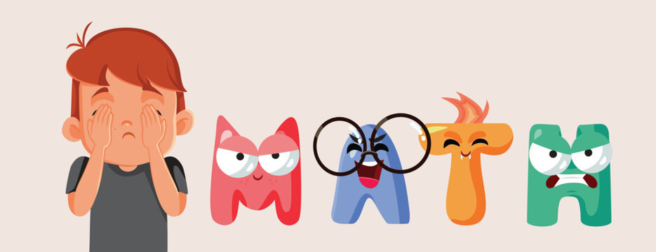 Little Boy Scared of Math Vector Illustration. Student being scared by the algebra class at school