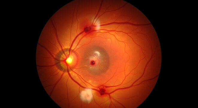Detailed medical visualization of diabetic retinopathy exhibiting advanced retinal damage caused by diabetes mellitus for ophthalmology diagnostics and clinical healthcare analysis.
