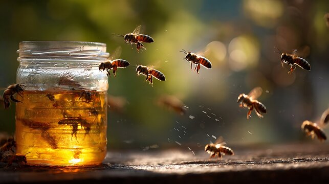 Macro of a bee on honey with nature insects like a wasp or fly isolated on white