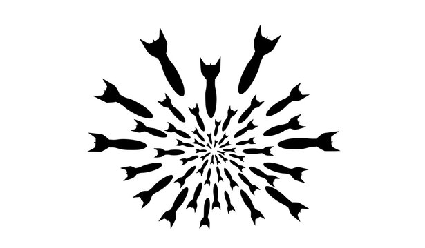 Abstract nuclear bomb silhouette pattern with radial falling motion war concept vector illustration
