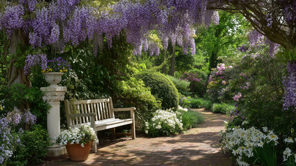 Obraz premium A full shot, eye level image capturing a romantic garden scene with a light colored wooden bench. abundant purple wisteria blossoms hang from above, of the composition. Ai generat